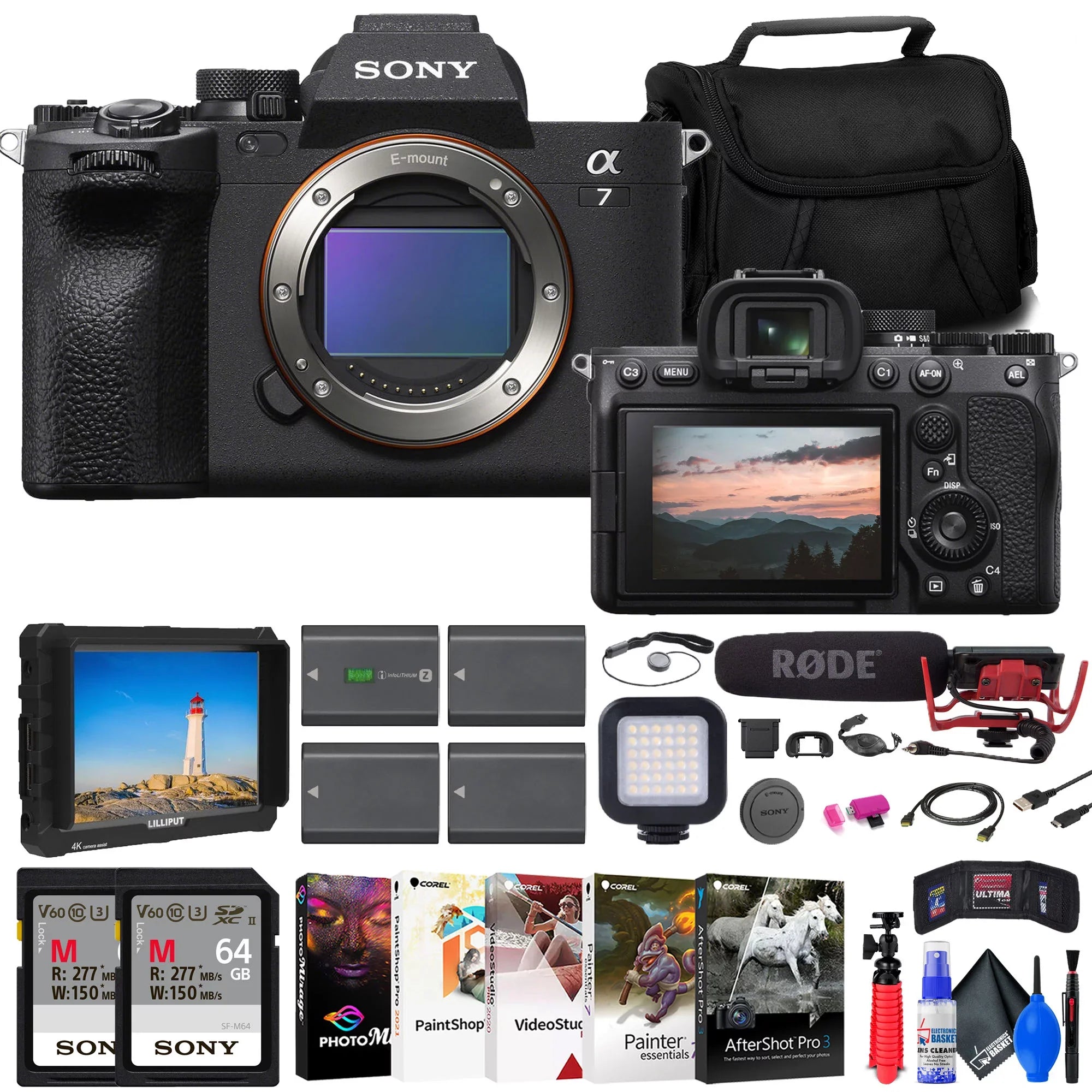 VideoMic More a7 Camera Cards Mirrorless Sony 2 x IV + 64GB + + Monitor Rode + 4K