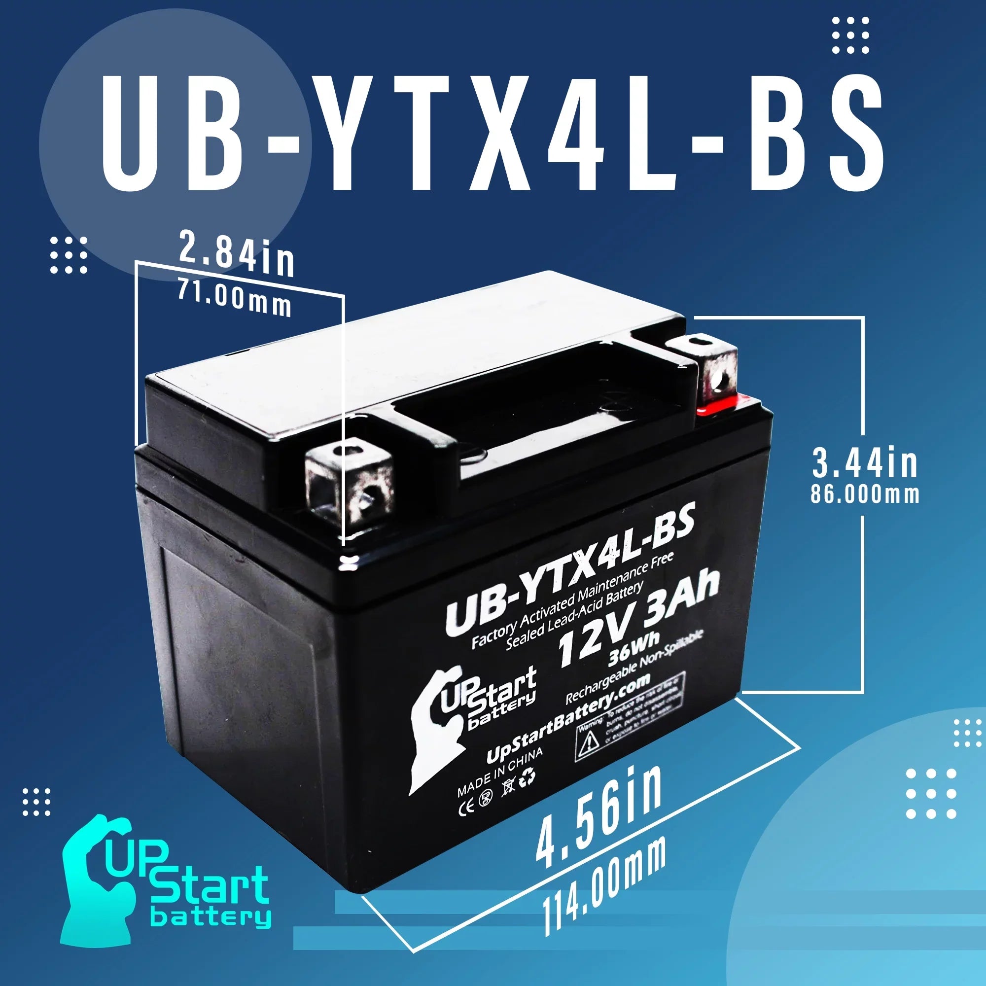 DS90F, Replacement - 3Ah, Battery 12V, 4-Pack Quest ATV 90CC Free, Bombardier Activated, UpStart Battery UB-YTX4L-BS 2004 DS90, Maintenance for Factory (Can-Am)