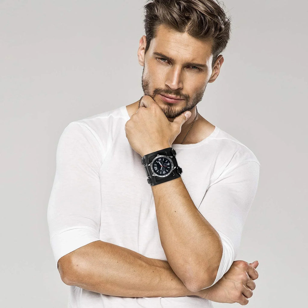 Leather for Costume Watch Watches Hip-hop Big Mens Black Wide Replaceable Halloween Gothic Steampunk Quartz Japan Cuff Dial Sport Wrist Genuine Bracelet Retro Watch Military