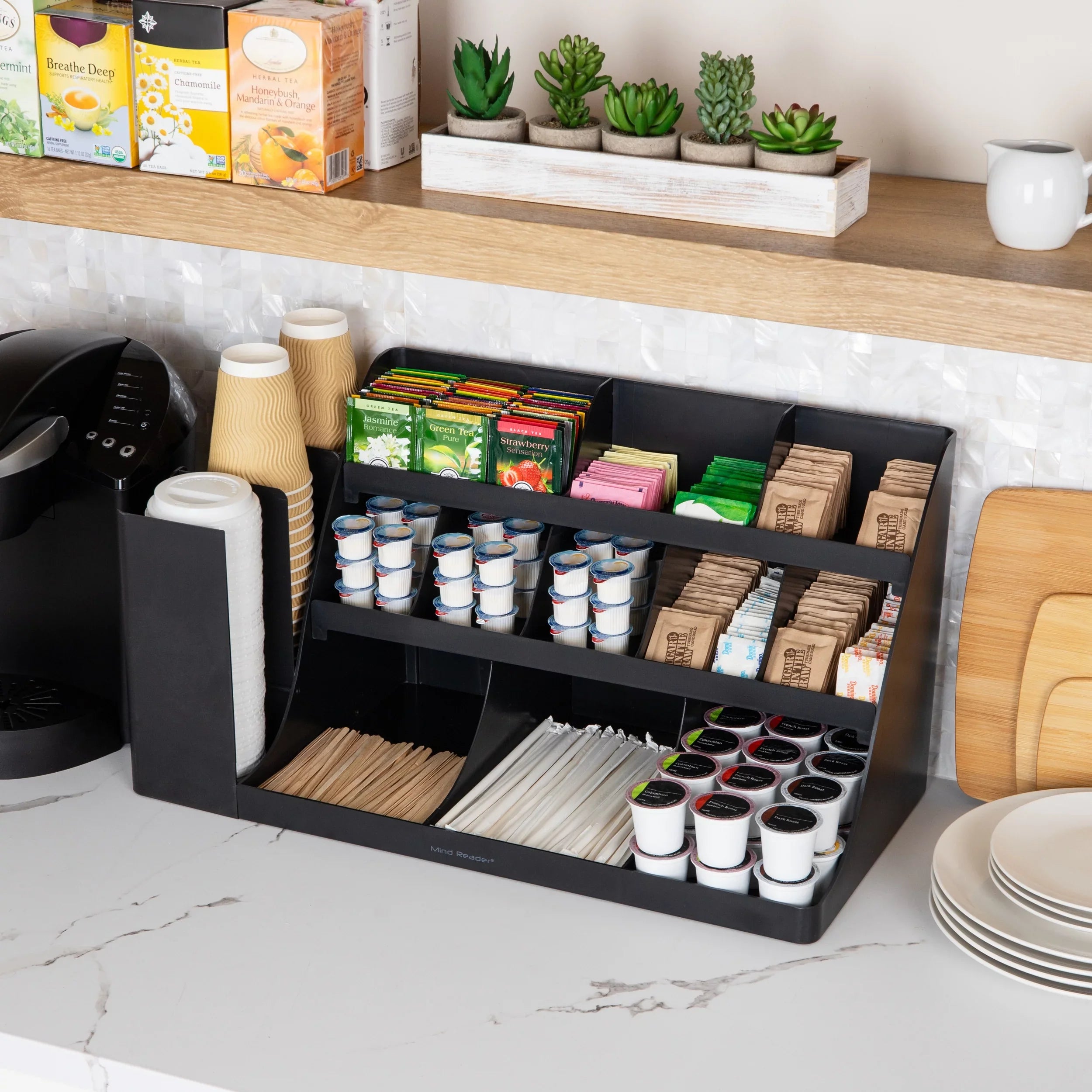 Coffee Condiment Kitchen, Stirrers, Reader Countertop Station, Black Cup and Bar, Organizer, Mind