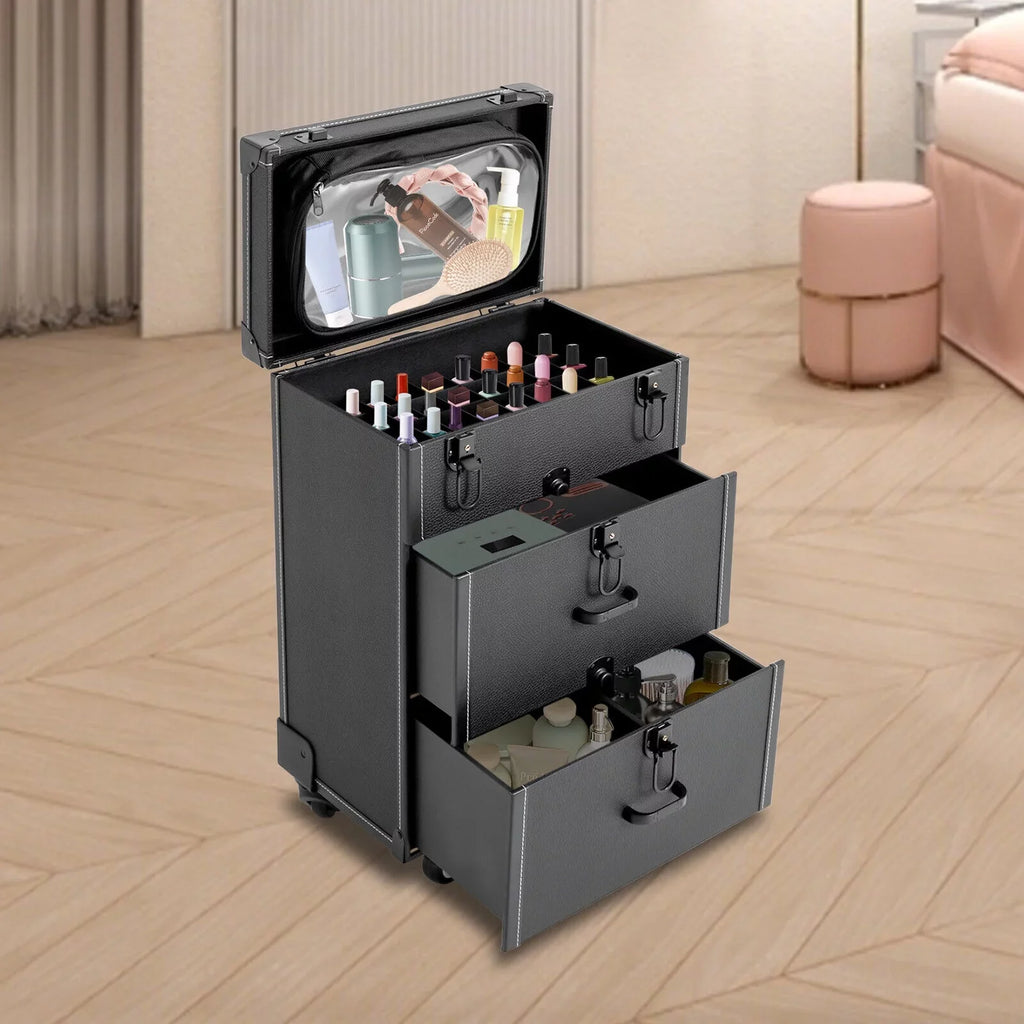 4 ZhdnBhnos Rolling w/ Makeup Trolley Wheels Box Case & Cosmetic Storage Organizer Lock Train Polish (Black) Luggage Nail