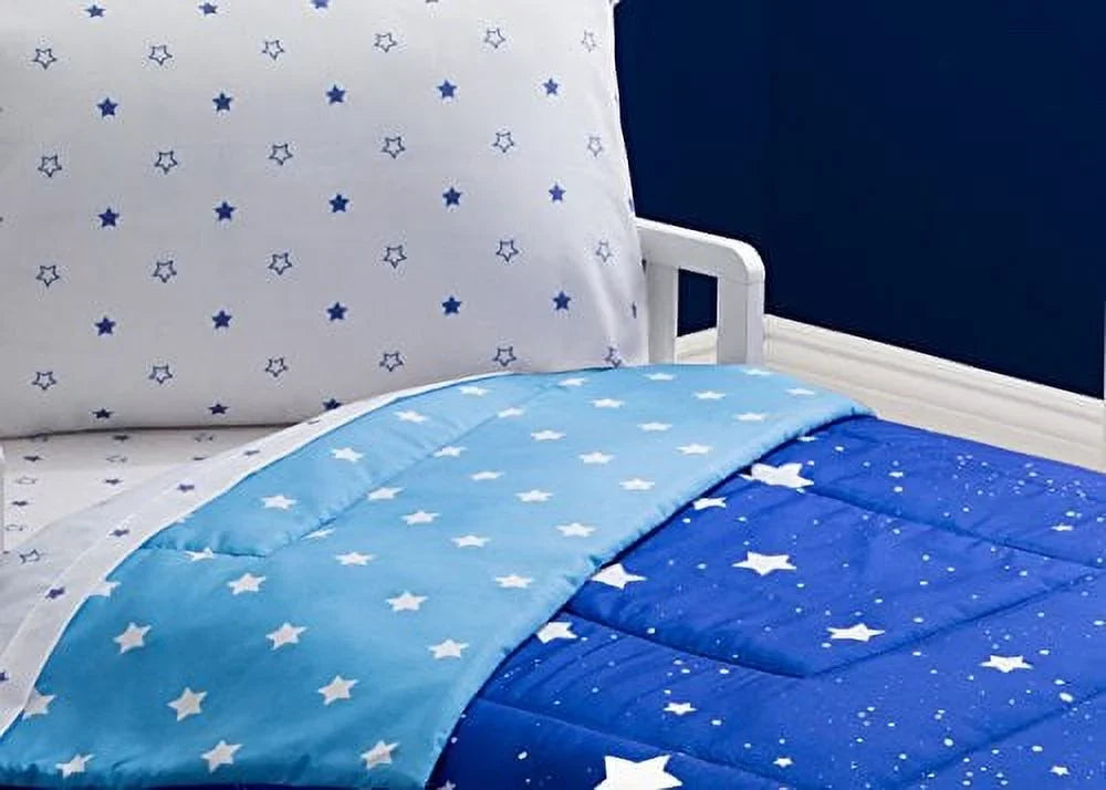 Toddler bottom, Collection | | bottom, | Piece | Comforter Night Children Boys Elastic Top Stars w/ Delta Pillowcase Fitted w/ Bedding Set Blue Elastic Flat 4 Fitted Boys Sheet Sheet, Starry |