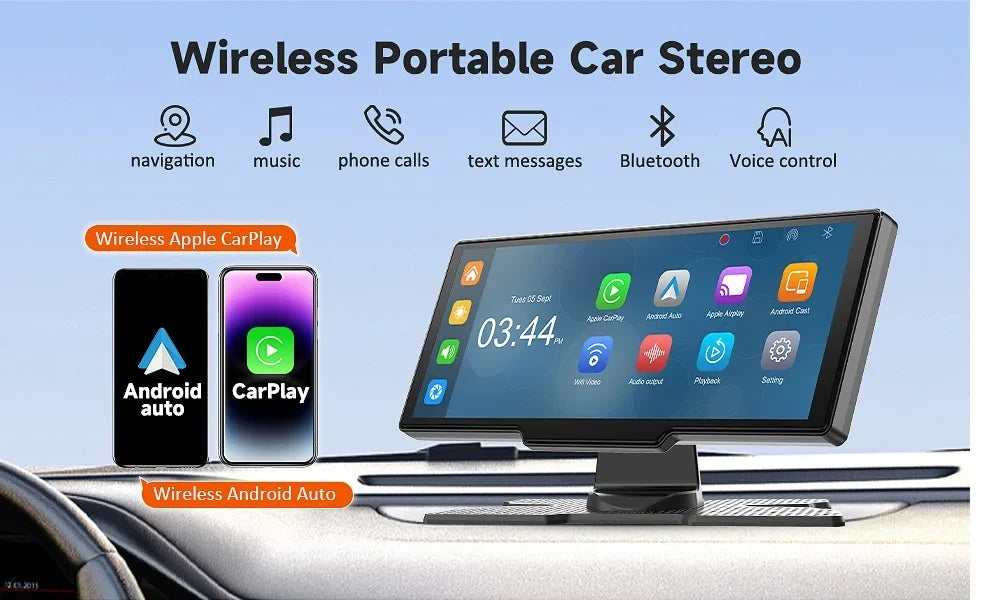Herilary Stereo with Adapter Cam, Wireless Carplay Screen Mirror Car Apple Android Car Carplay Play 2.5K Dash Auto Link/Siri/Wifi/Bluetooth/Double Wireless 10.26" Screen Din Touch