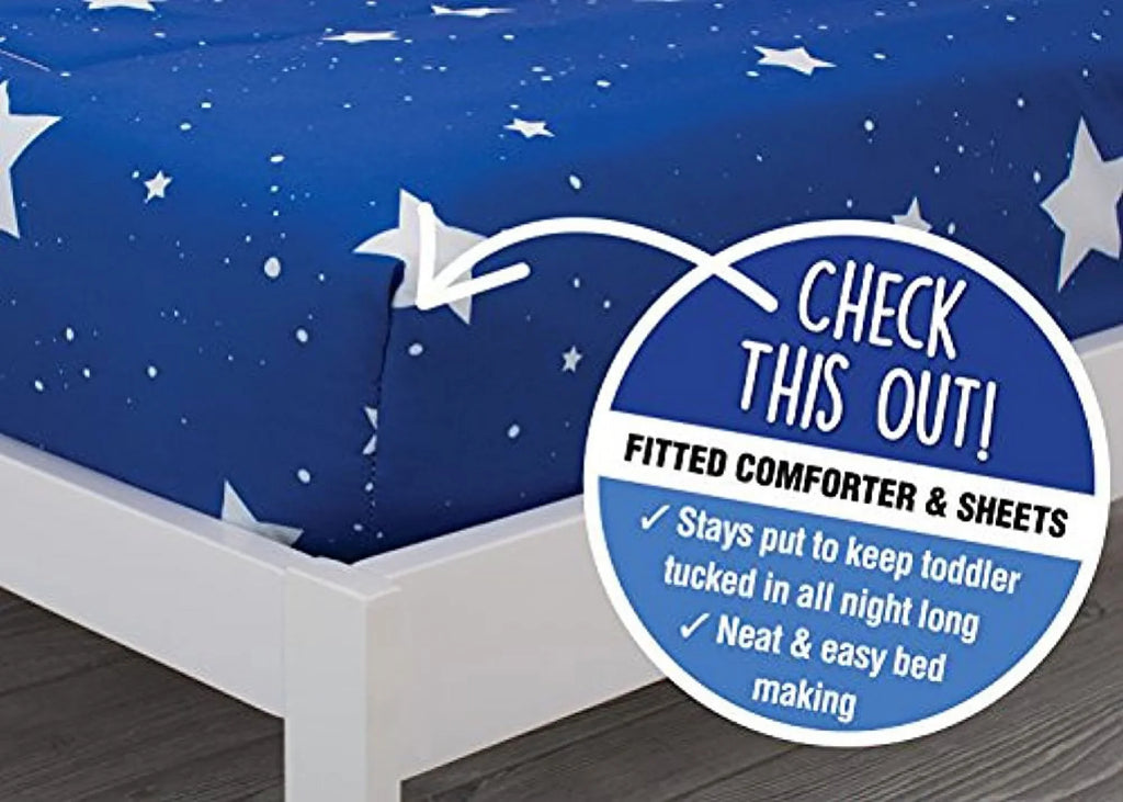 Toddler bottom, Collection | | bottom, | Piece | Comforter Night Children Boys Elastic Top Stars w/ Delta Pillowcase Fitted w/ Bedding Set Blue Elastic Flat 4 Fitted Boys Sheet Sheet, Starry |