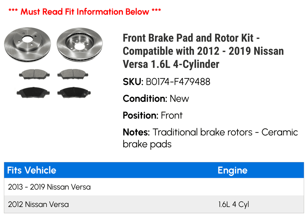 Rotor 2016 2017 Kit Versa Pad Nissan with - and 4-Cylinder 2013 2019 1.6L Front 2012 - 2018 2014 Brake Compatible 2015