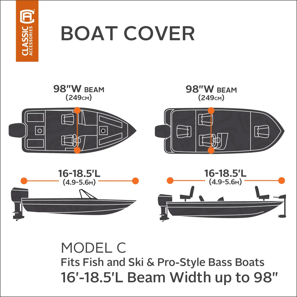 Fits - Boats 16' L C Cover, with 18.5' Fabric, 98" Model RS-1™ Cover All-Weather Ripstop Boat Trailerable Accessories Lunex x Classic Boat W,