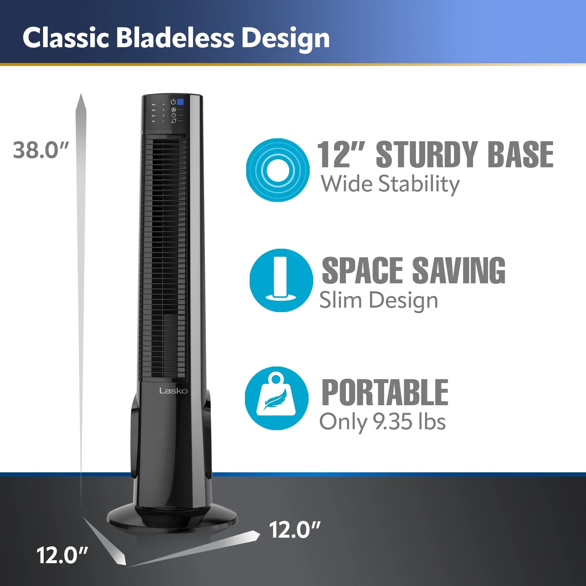 Fan Hybrid 38" Lasko Remote Black/Silver, Tower Timer, New 4-Speed T38415, with Control,