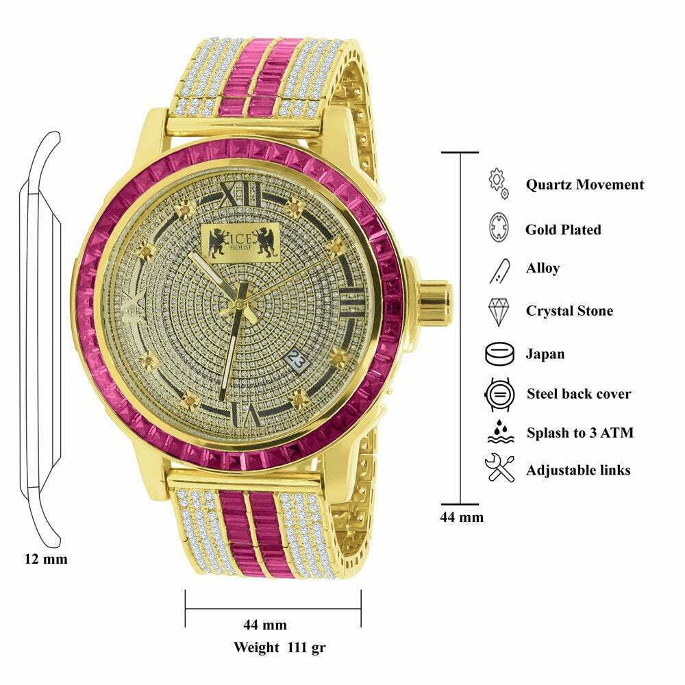 Stainless Gold Tourmaline Bezel Pink Mens Dial Watch Real Steel Tone Custom Diamond