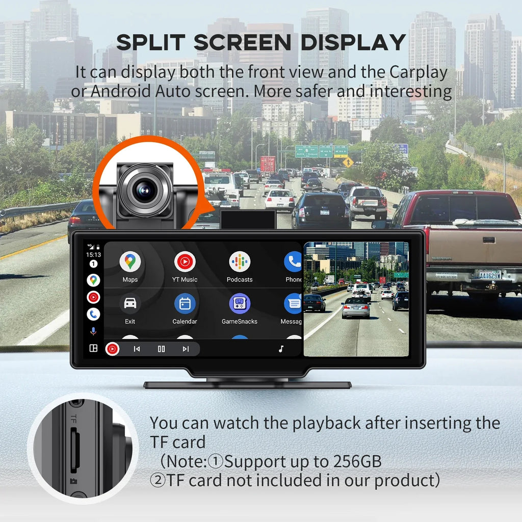 Herilary Stereo with Adapter Cam, Wireless Carplay Screen Mirror Car Apple Android Car Carplay Play 2.5K Dash Auto Link/Siri/Wifi/Bluetooth/Double Wireless 10.26" Screen Din Touch