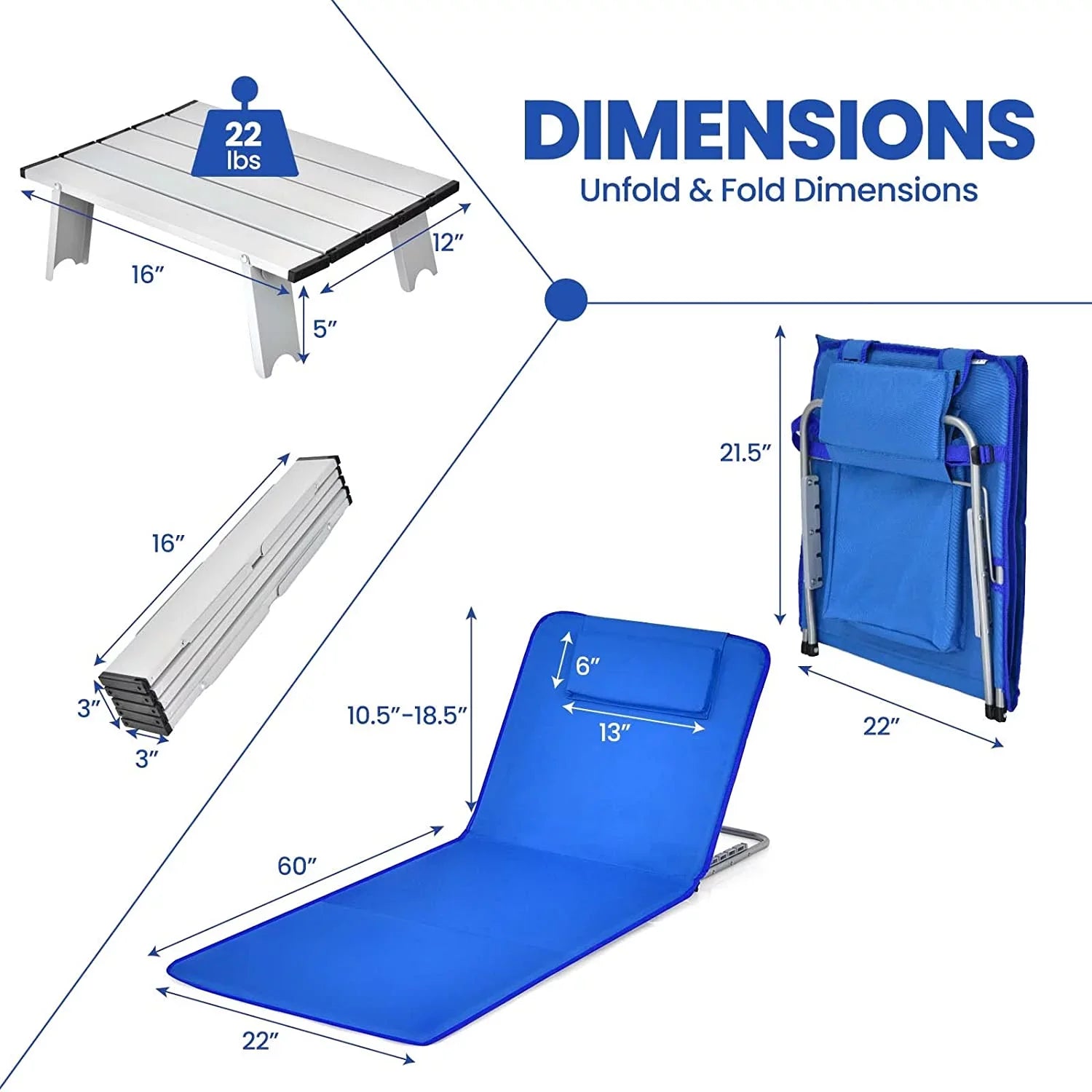 Lounge 5 Lawn Table, Beach Camping, Adjustable for Folding Side with 2-Pack Chair Chairs, Adults Set Position for Chairs Sunbathing,