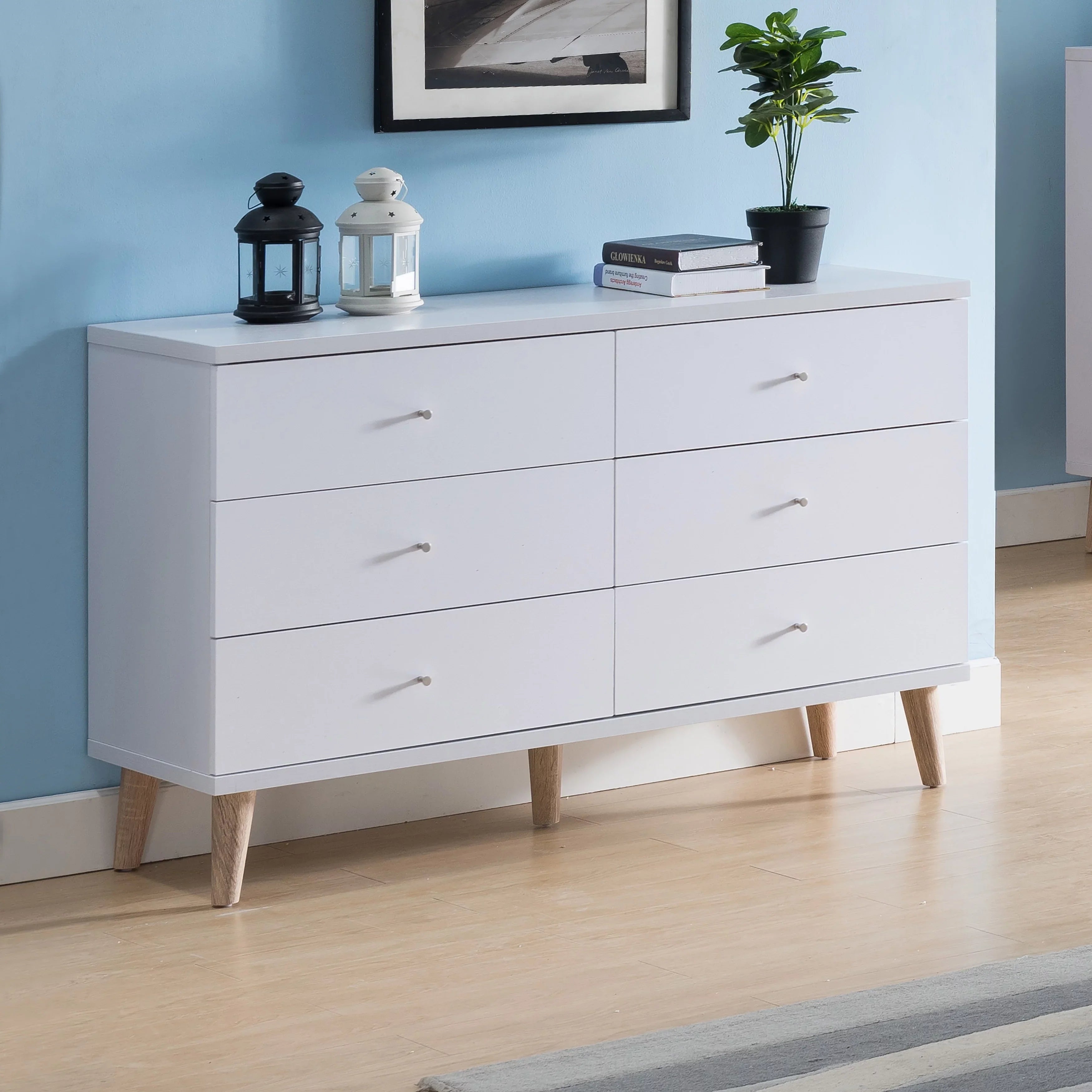 Knobs Modern 47-inch by BASIC Dresser White 6-Drawer Denhour Mid-Century with DH Wide