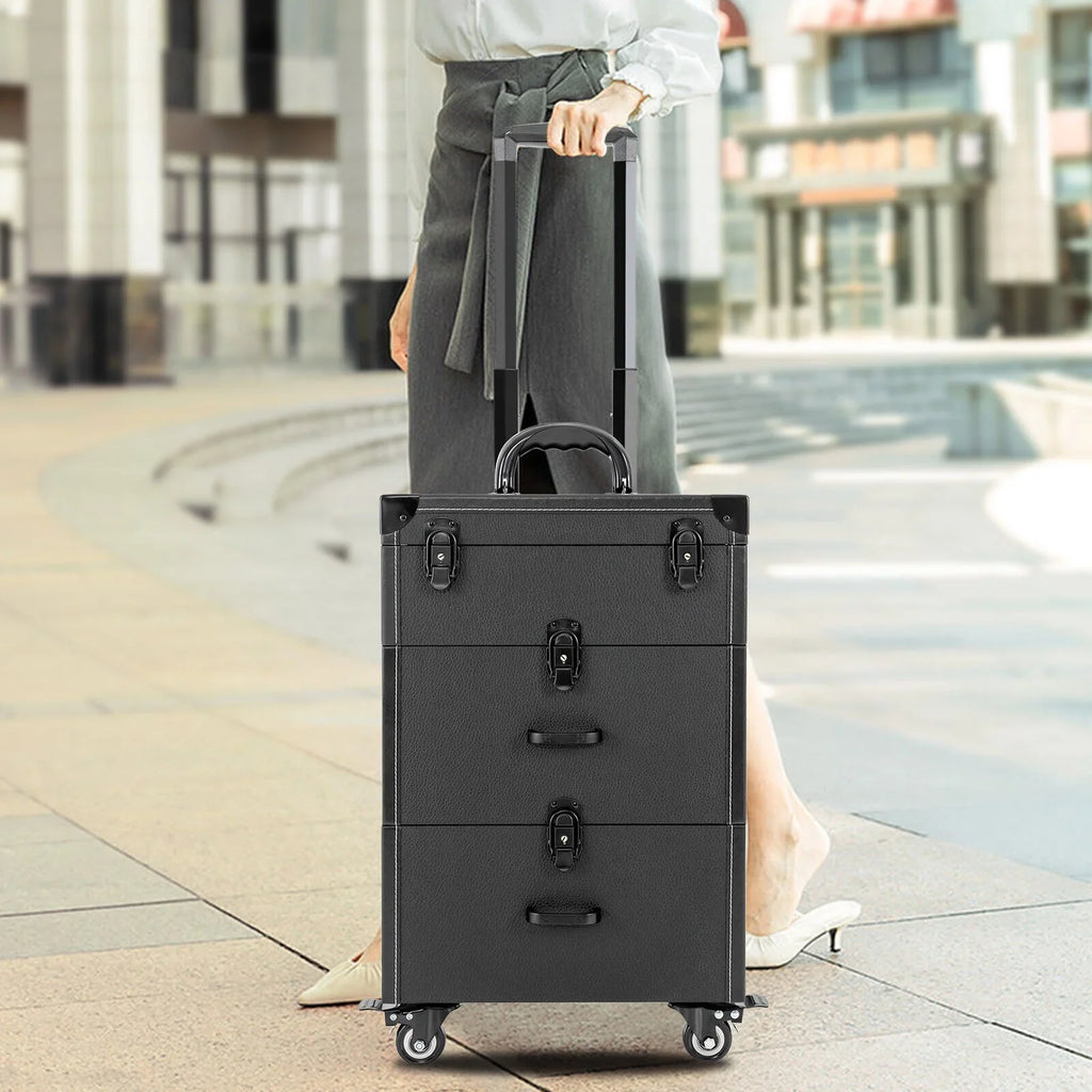 4 ZhdnBhnos Rolling w/ Makeup Trolley Wheels Box Case & Cosmetic Storage Organizer Lock Train Polish (Black) Luggage Nail