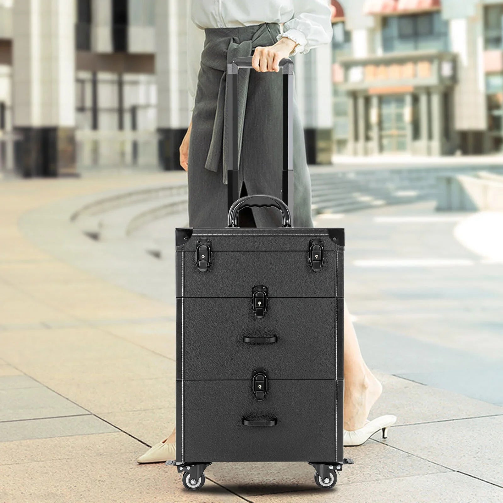 4 ZhdnBhnos Rolling w/ Makeup Trolley Wheels Box Case & Cosmetic Storage Organizer Lock Train Polish (Black) Luggage Nail
