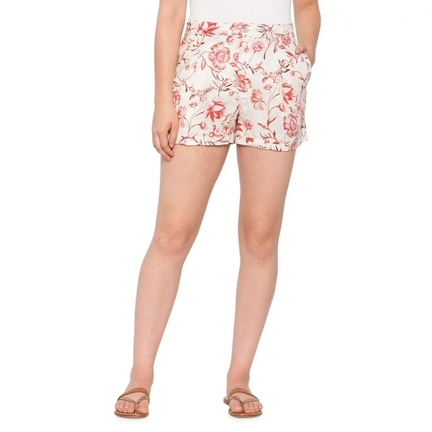 RED PINK PANTS FLOWERS LINEN WOMEN SZ - CYNTHIA - 3" 10 ROWLEY SHORTS