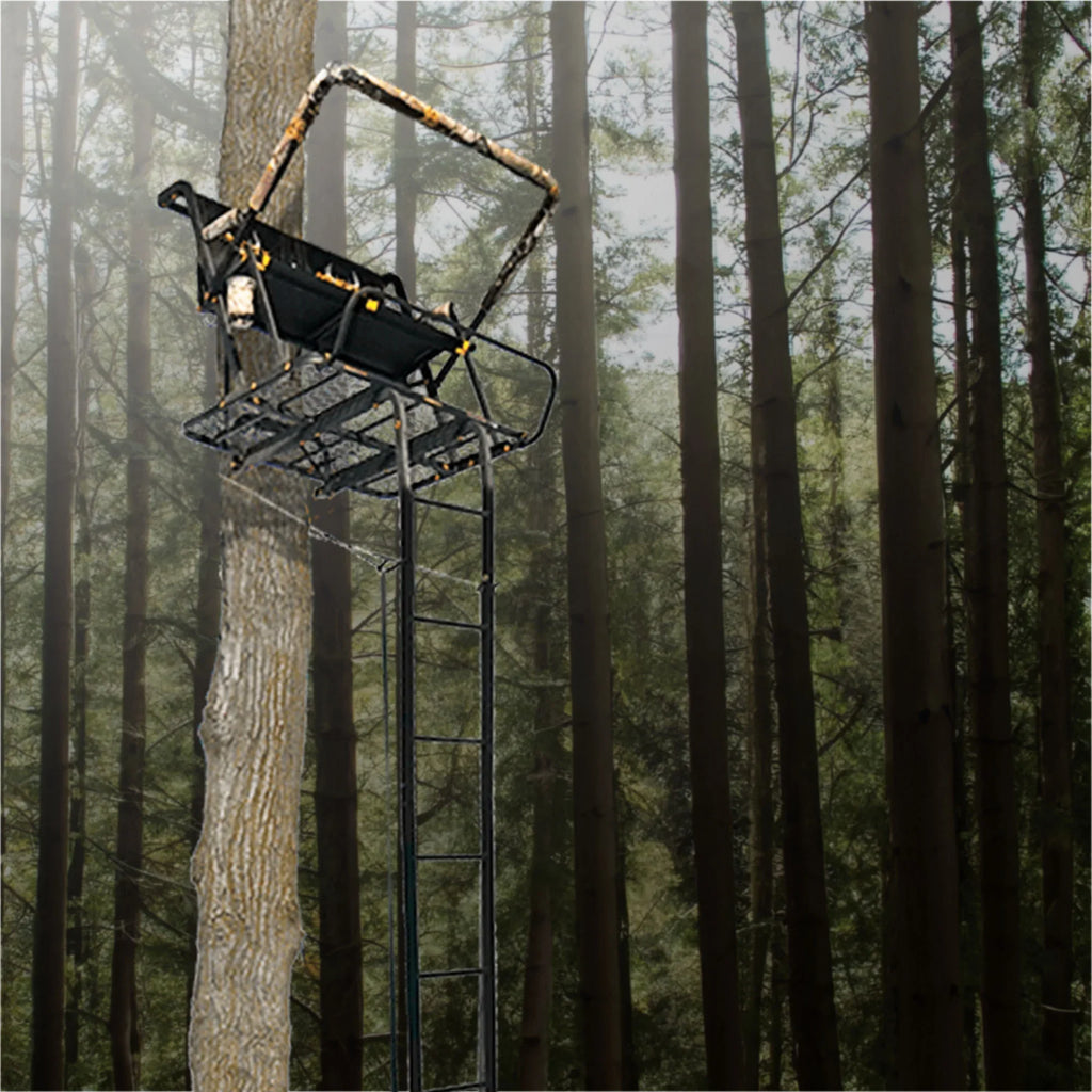 MLS2601 2 Ladder Tall Stand Hunting Tree 20 Ft Muddy Deer Nexus XTL Person