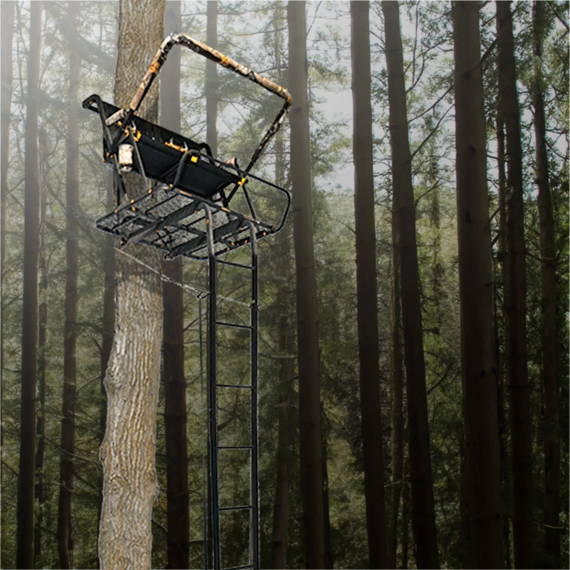 MLS2601 2 Ladder Tall Stand Hunting Tree 20 Ft Muddy Deer Nexus XTL Person