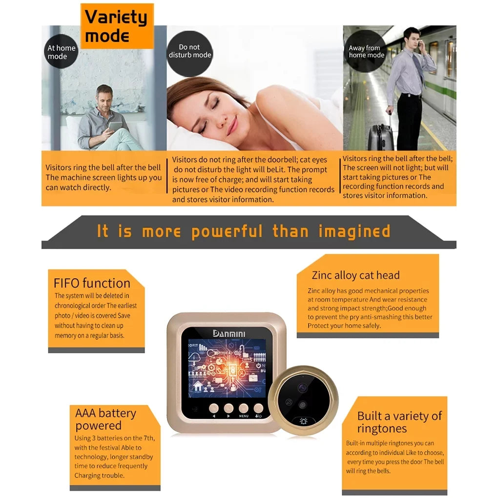 Door Wide Peephole inch Drilling Vision Bell Camera W5 Need Doorbell Night Cam Eye Video Angle 2.0MP Disturb No 2.4" Security Door Viewer