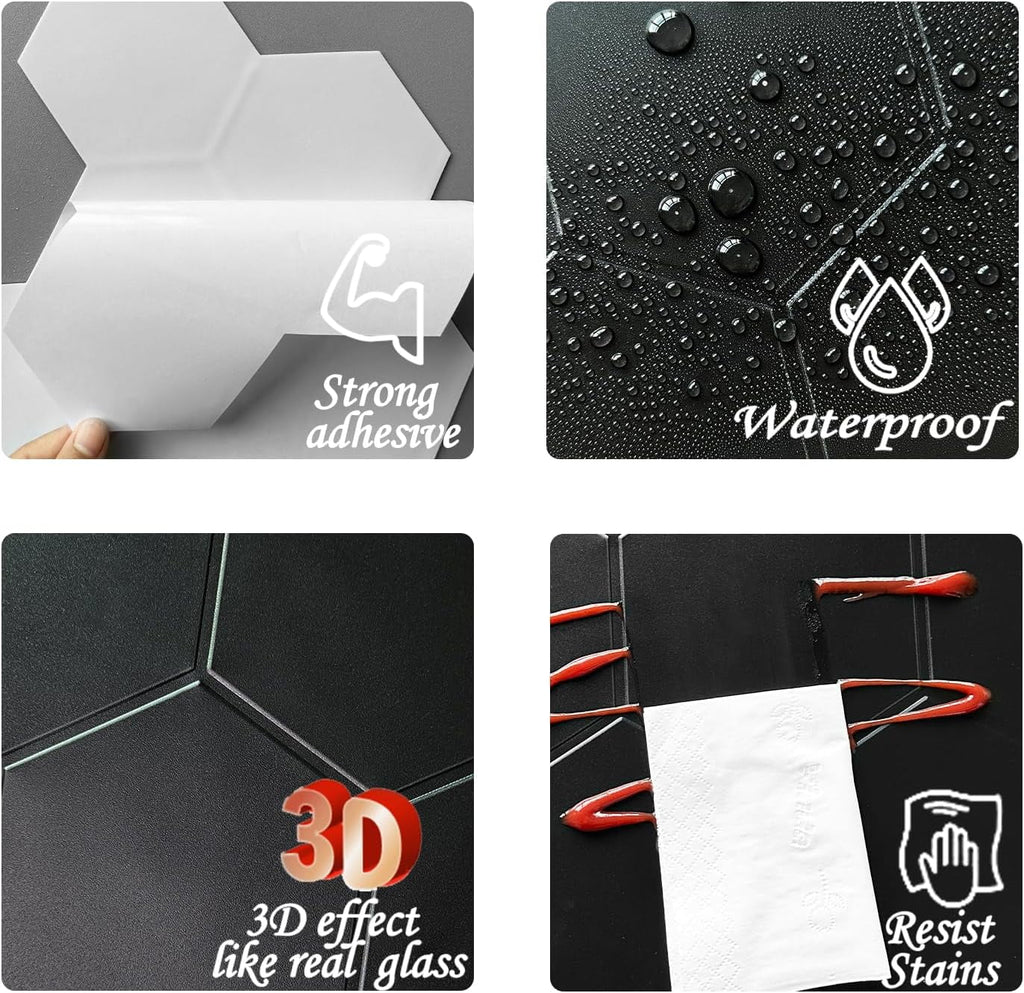 Real and Self Matte Black Tiles Bathroom(11.57''x10.35'',10-Sheet) Hexagon Big Adhesive 3D Stick Kitchen Peel PET Backsplash for