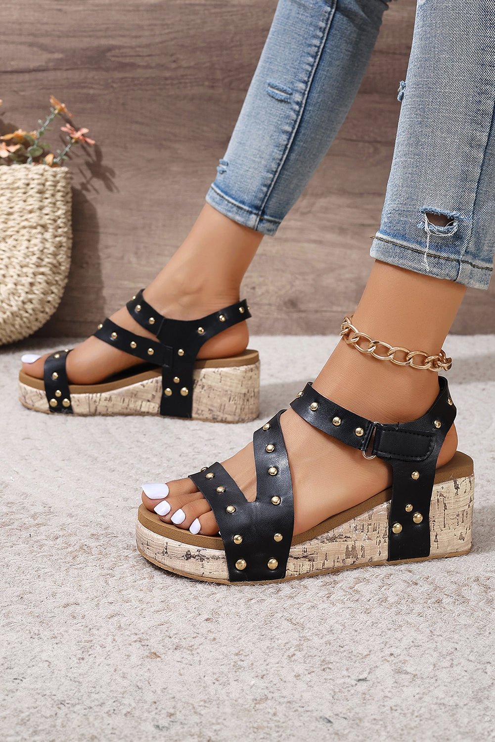 Sandals Wedge Hollow Out Black Rivet Leather