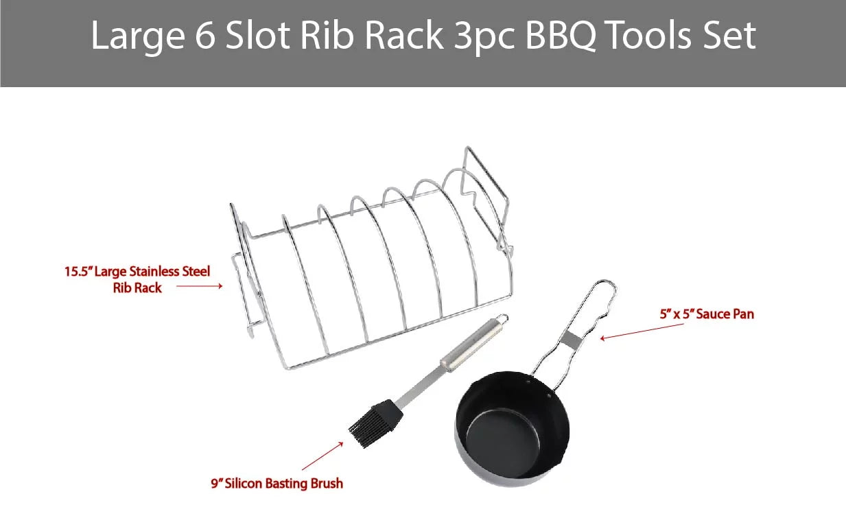 Pan Rib and Sauce Set Basting Steel Brush Large PitMaster 6 King 3pc Rack, Slot Combo Stainless