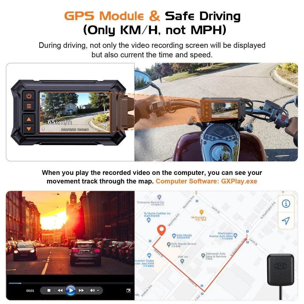 Dash Motorcycle A12 GPS Waterproof Vision Rear Front WIFI 1080P 3" Night Camera