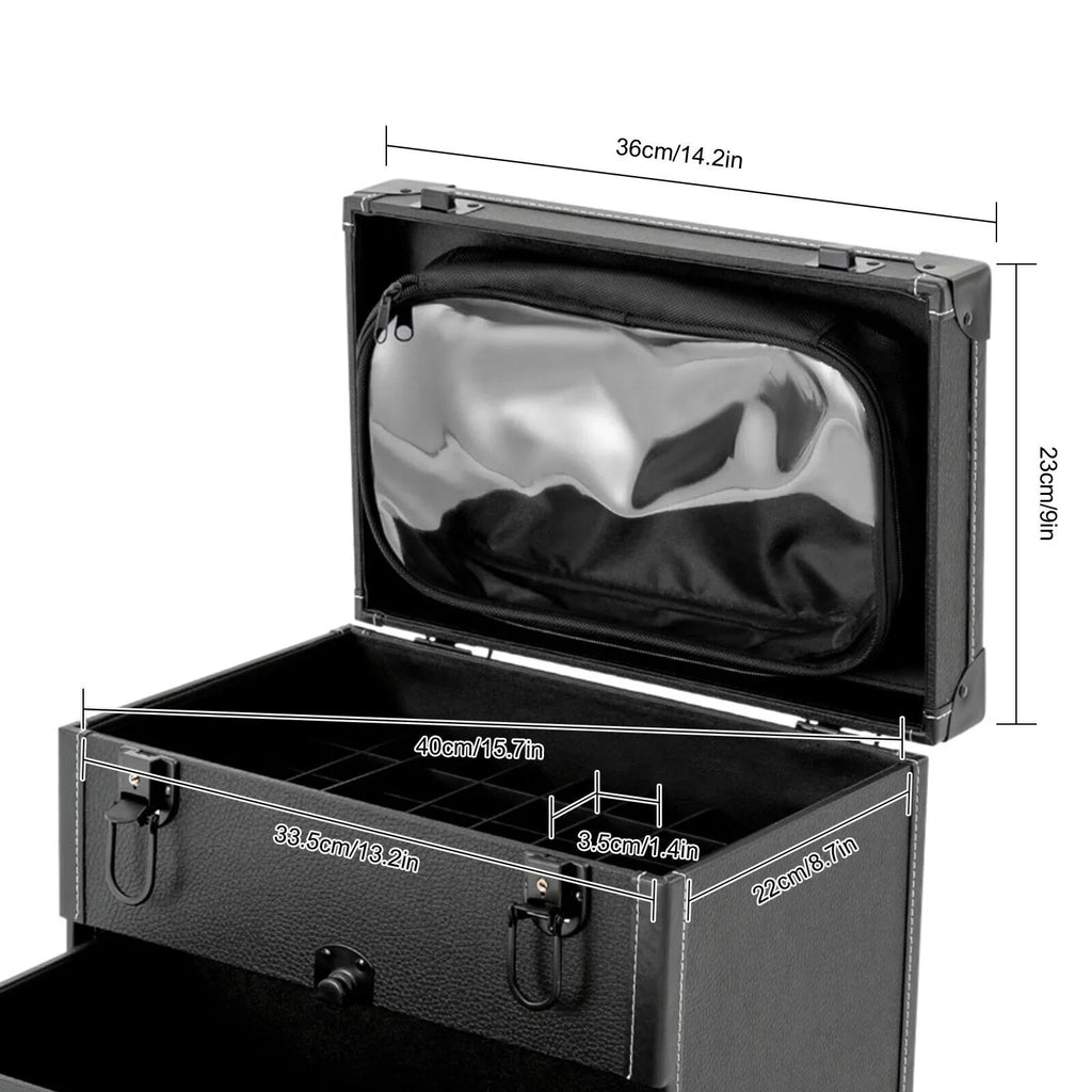 4 ZhdnBhnos Rolling w/ Makeup Trolley Wheels Box Case & Cosmetic Storage Organizer Lock Train Polish (Black) Luggage Nail