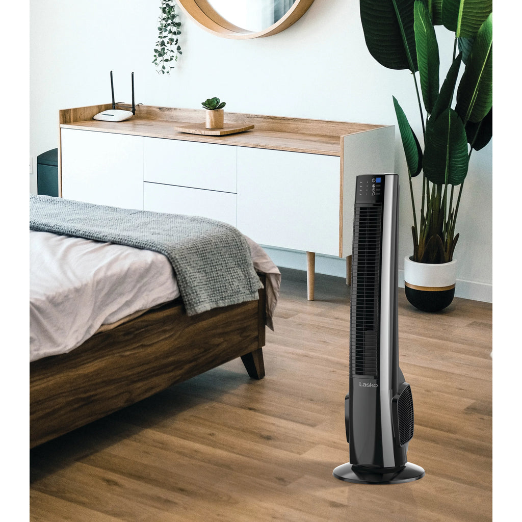 Fan Hybrid 38" Lasko Remote Black/Silver, Tower Timer, New 4-Speed T38415, with Control,