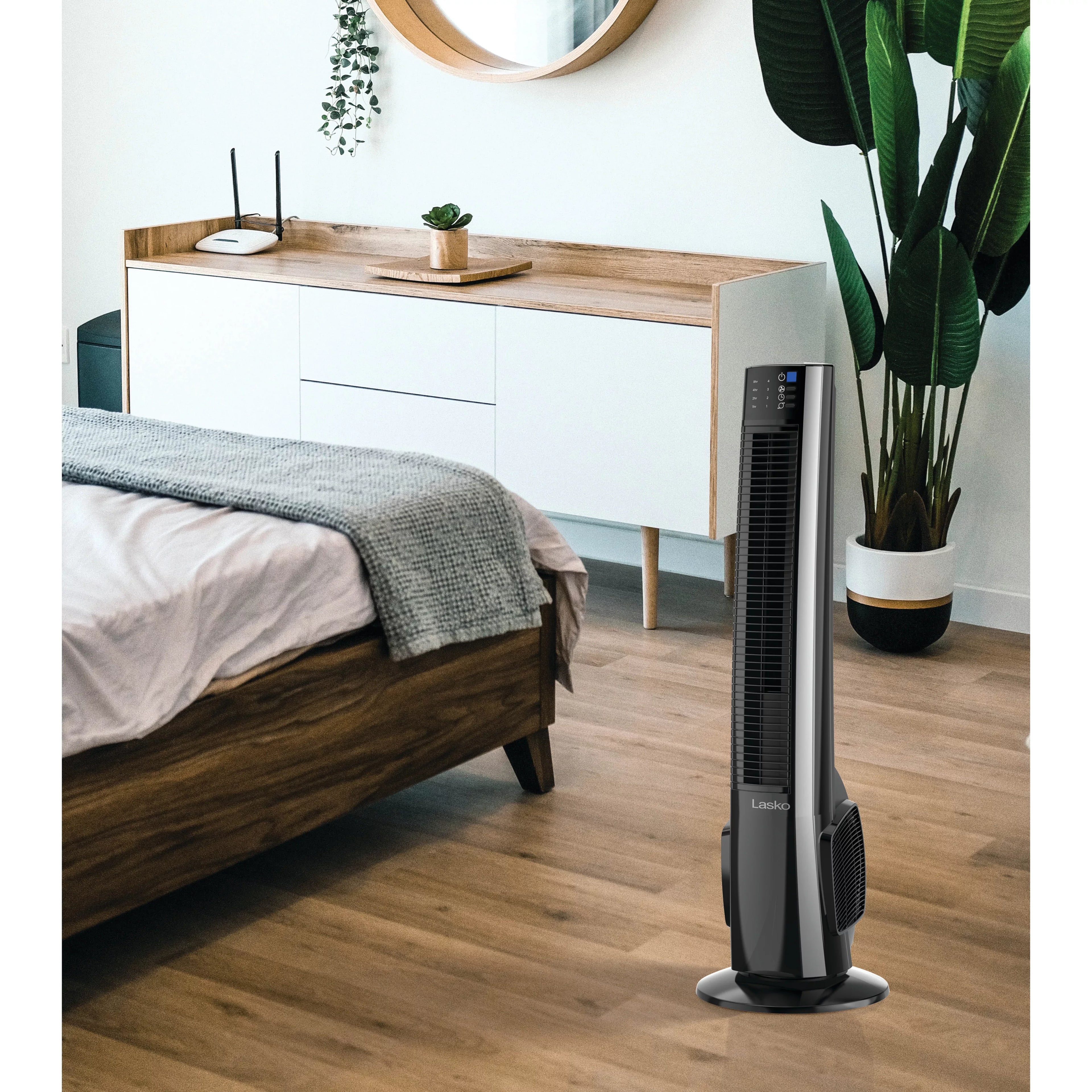 Fan Hybrid 38" Lasko Remote Black/Silver, Tower Timer, New 4-Speed T38415, with Control,