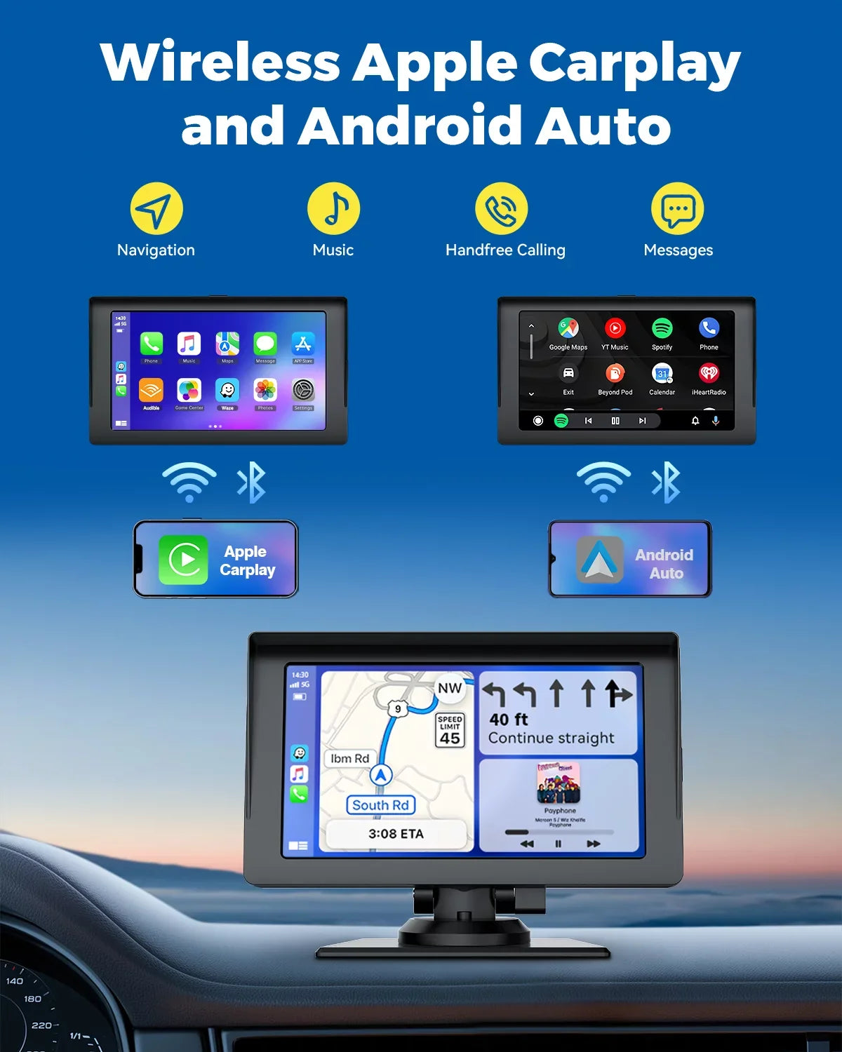 Portable Audio Camera,HD Airplay,Android Car Inch Video,Car GPS with Wireless Reverse Stereo Carplay,1080P Navigation Receivers Portable Auto,Bluetooth,FM, Siri 7 LAMTTO Apple with Car Touchscreen