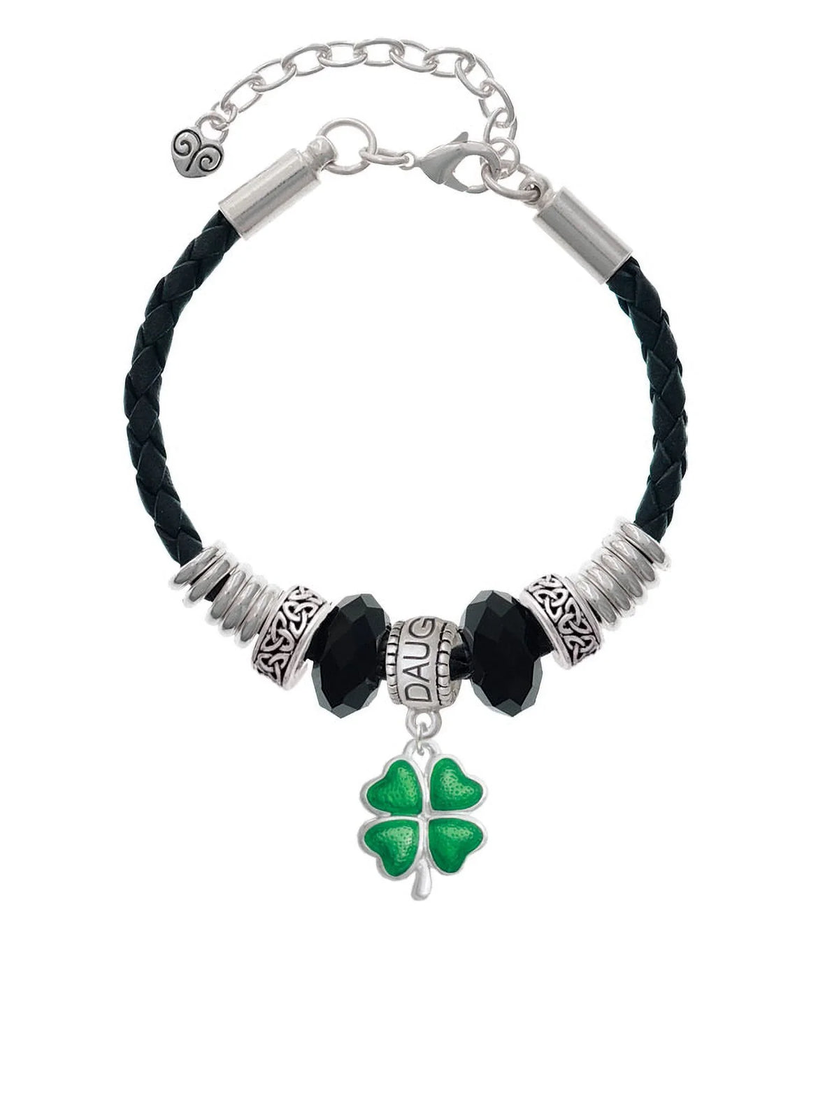 Four Leaf 7"+2" Green Bracelet, Jewelry Knot Daughter Leather Extender Lucky Celtic Translucent Delight Clover Silvertone Bead