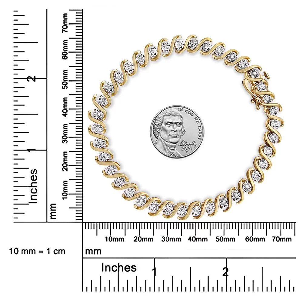 Color, 7" 14K Cttw Miracle-Set Clarity) Diamond Round - .925 Silver Sterling Bracelet 1/2 Tennis Plated S-Curve I3 Yellow Gold (I-J
