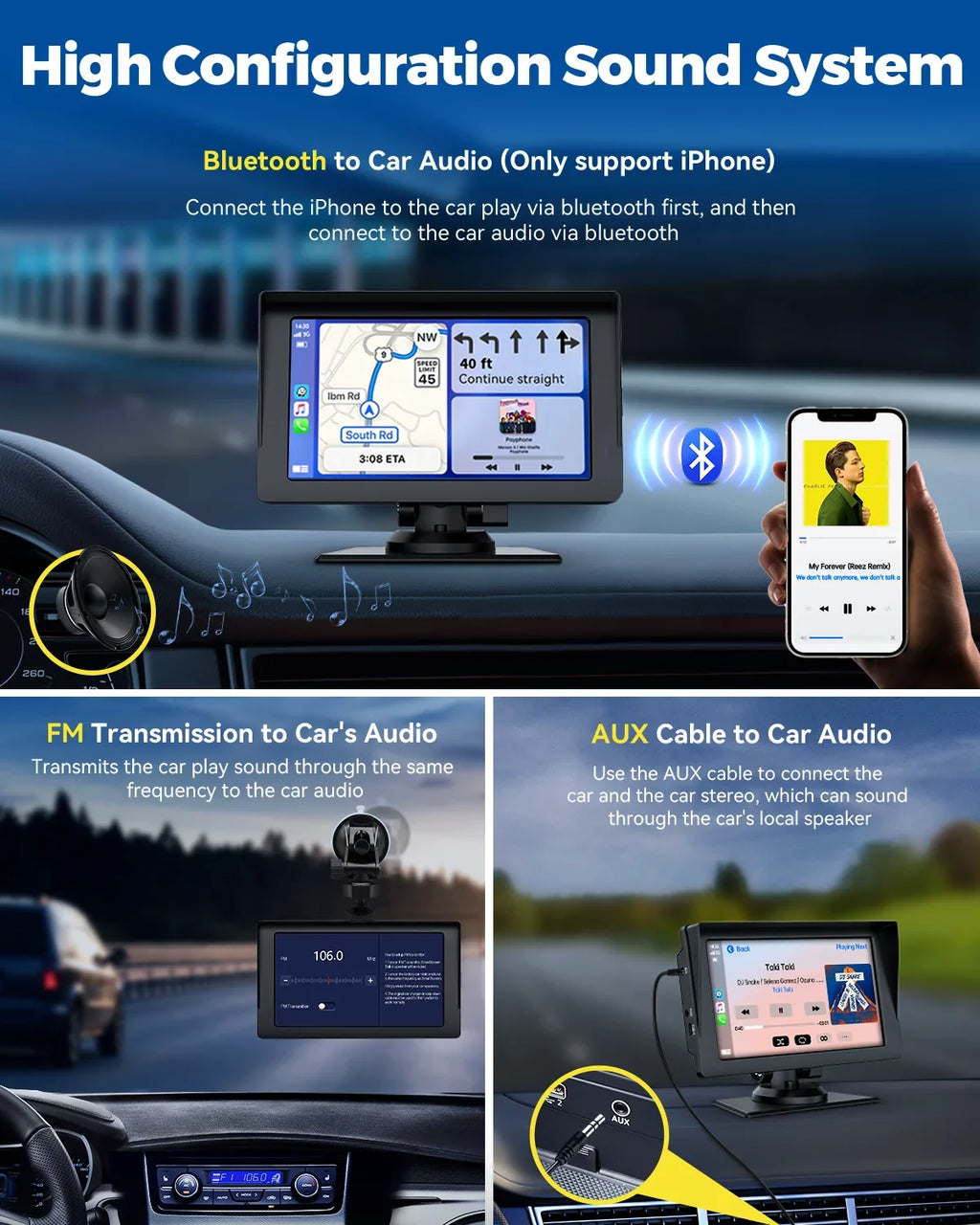 Portable Audio Camera,HD Airplay,Android Car Inch Video,Car GPS with Wireless Reverse Stereo Carplay,1080P Navigation Receivers Portable Auto,Bluetooth,FM, Siri 7 LAMTTO Apple with Car Touchscreen