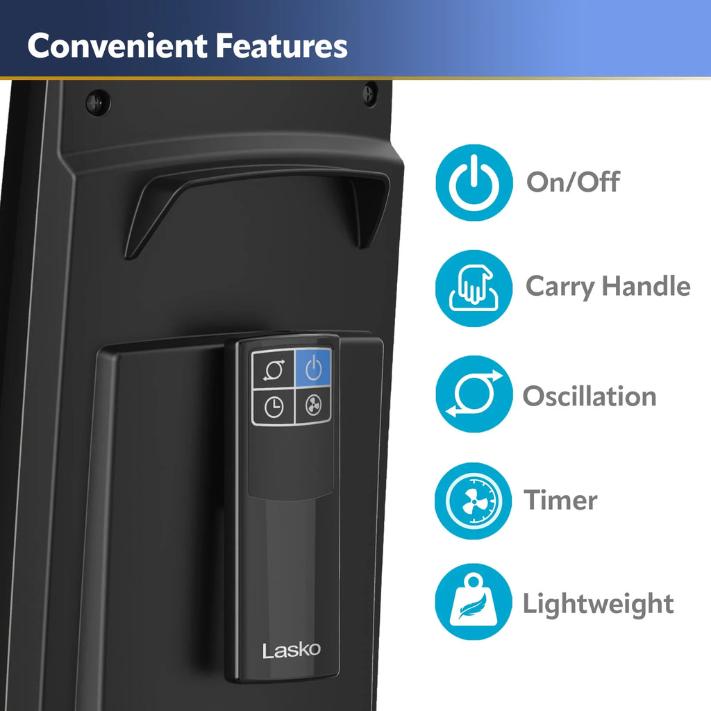 Fan Hybrid 38" Lasko Remote Black/Silver, Tower Timer, New 4-Speed T38415, with Control,