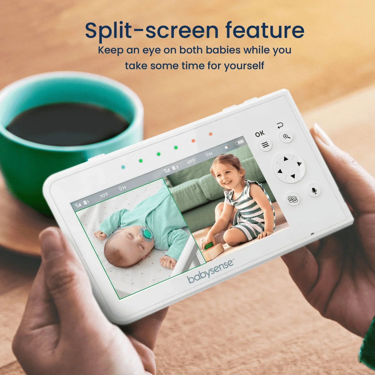 Two-Way Vision, Video Light Babysense with Screen Monitor, 4.3" Split Display Talk, & 2 PTZ Cameras, Long Range, Night V43 Baby