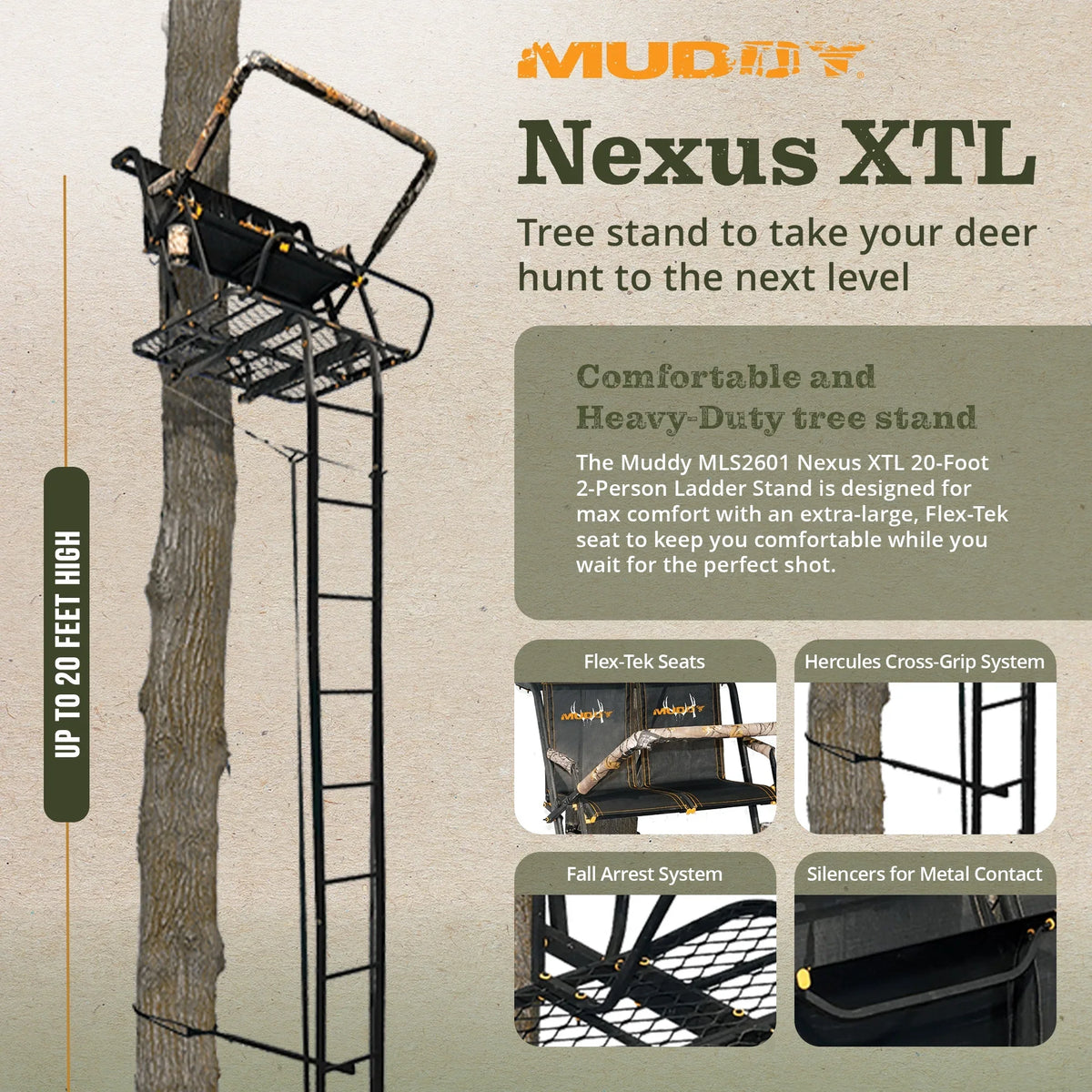 MLS2601 2 Ladder Tall Stand Hunting Tree 20 Ft Muddy Deer Nexus XTL Person