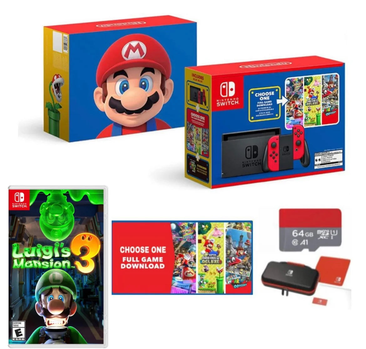 SD with Nintendo - Three Case One Red Bundle Bundle Carrying Micro 3 Download Mario Luigi's New with Switch Choose of Switch Joy-Con Mario Mansion Games - & 64GB -