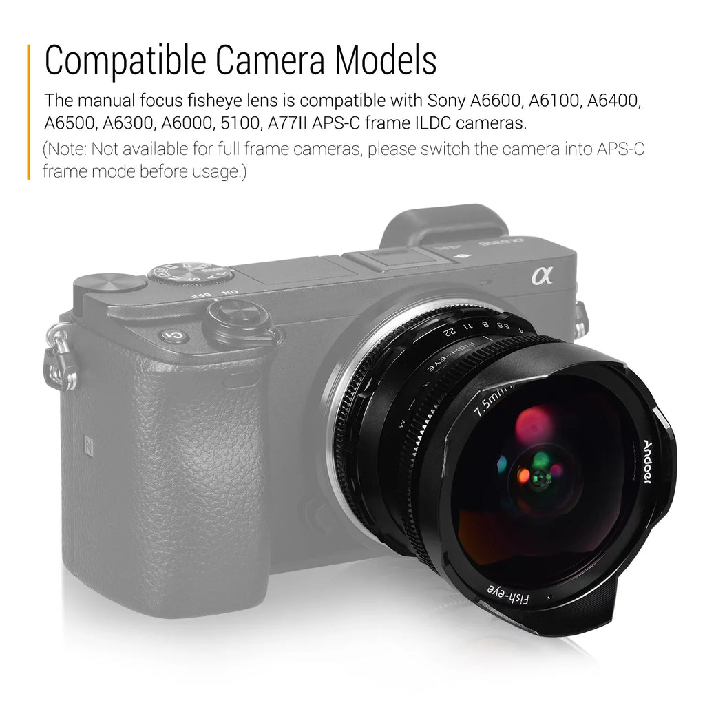 180° Manual Wide With A6100 A6600 180° Lens Camera Camera 7.5mm F2.8 Andoer Lens Aperture A6300 Camera With A6000 A6600 Frame lens,Fisheye A6500 E-mount Aperture Wide Compatible Wide Lens Aps-c