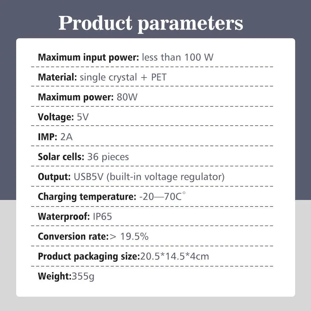 Portable Outdoors for Bank Solar Phone 80W Solar Hiking Panel Fishing Emergency Power Waterproof Charger Camping Charger Phone Solar