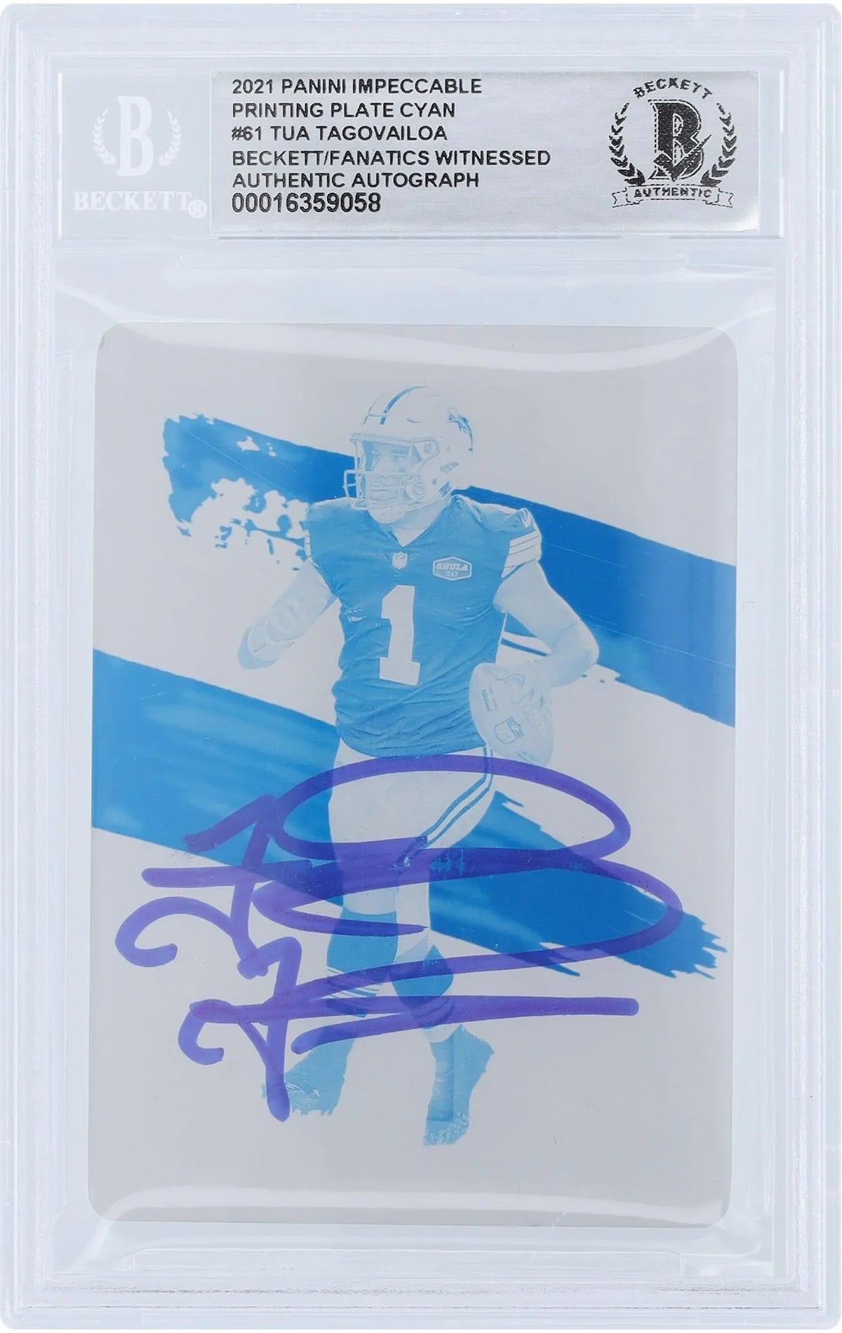 #1/1 Witnessed Printing Authentic 2021 Panini Authenticated Tagovailoa Autographed Dolphins Card Certified Plate Miami #61 Impeccable - Fanatics Fanatics Tua Cyan Beckett