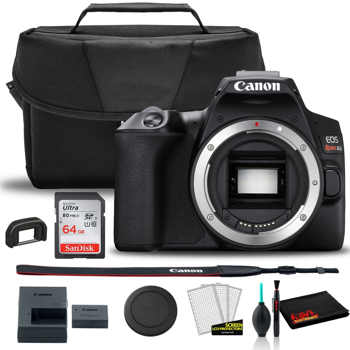 (Body Bag Rebel + Sandisk DSLR + Care Kit SL3 Card 64GB Canon Canon + Camera