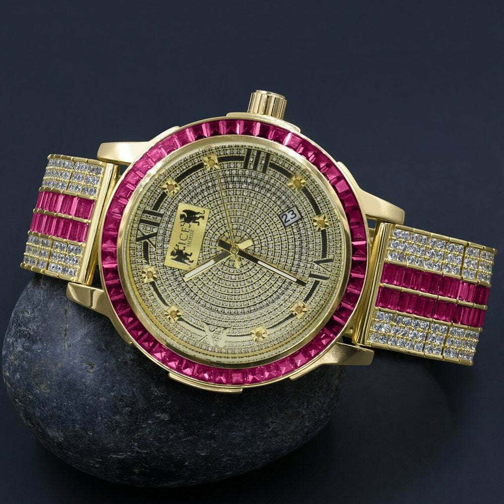 Stainless Gold Tourmaline Bezel Pink Mens Dial Watch Real Steel Tone Custom Diamond