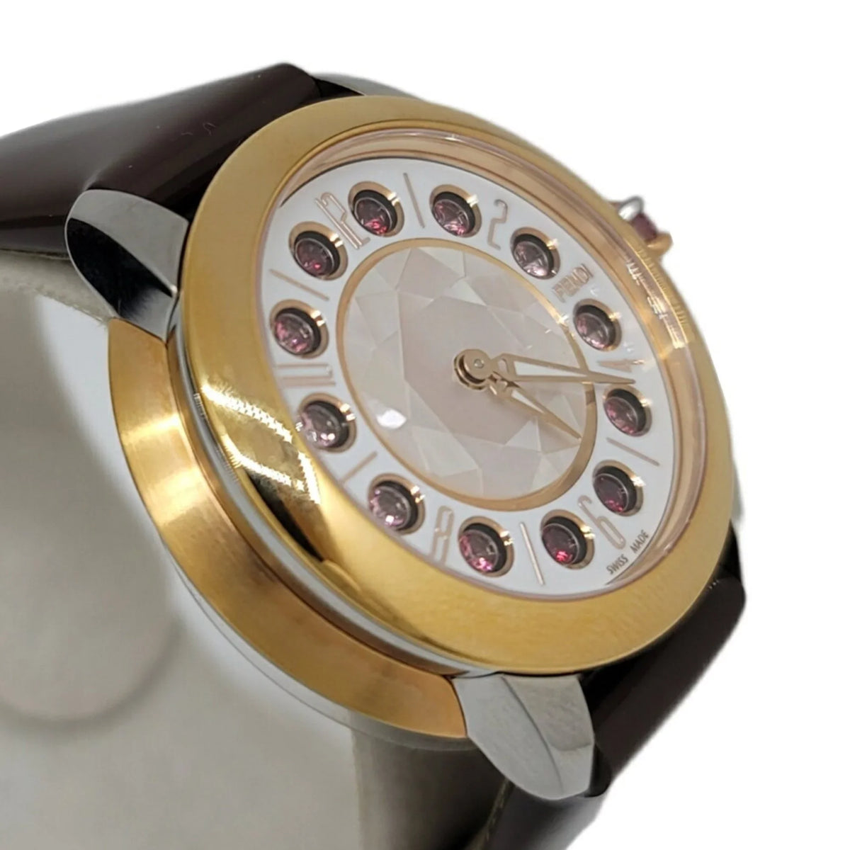 New) (Like Eye Spinel Clock Black Topaz SS Quartz FENDI Fendi Fashionable Colors Watch Enamel 3 Brown Women's Belt Shine Pre-Owned Shell
