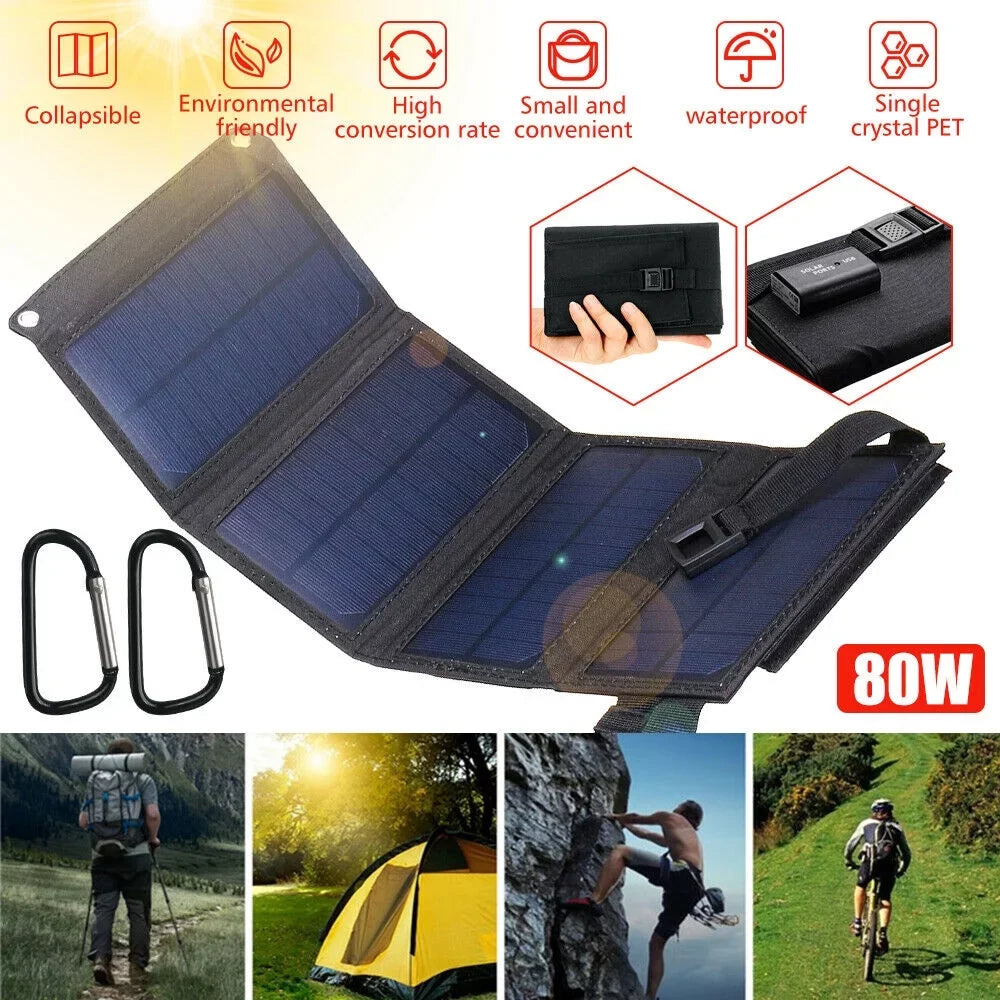 Portable Outdoors for Bank Solar Phone 80W Solar Hiking Panel Fishing Emergency Power Waterproof Charger Camping Charger Phone Solar