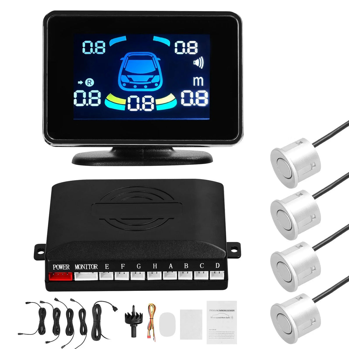 Front Distance & Walmeck with Parking System Display Rear LCD Adjustable Parking Sensors 4 Radars Sensor Sound Car Distance Detection Support Reversing Warning/Buzzer/Mute