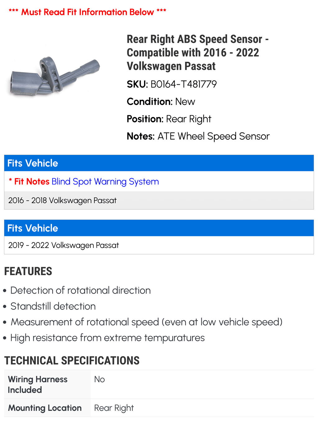 Speed 2021 Rear with 2018 Volkswagen 2020 Passat Sensor 2022 2016 ABS - 2019 Right - Compatible 2017