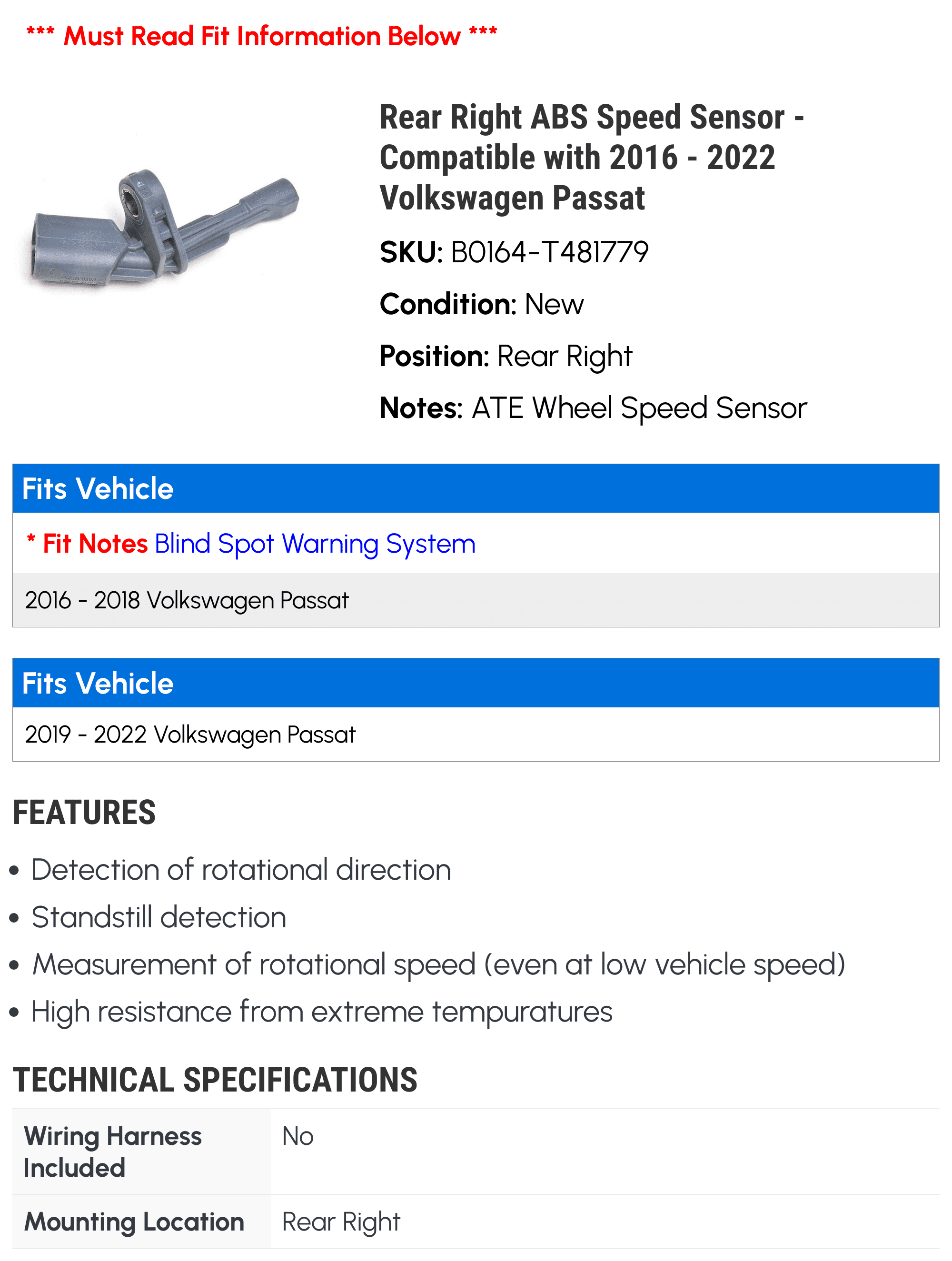Speed 2021 Rear with 2018 Volkswagen 2020 Passat Sensor 2022 2016 ABS - 2019 Right - Compatible 2017