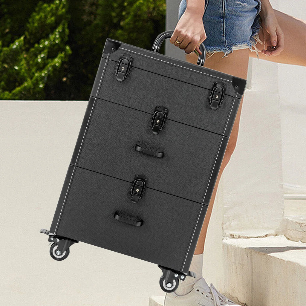 4 ZhdnBhnos Rolling w/ Makeup Trolley Wheels Box Case & Cosmetic Storage Organizer Lock Train Polish (Black) Luggage Nail