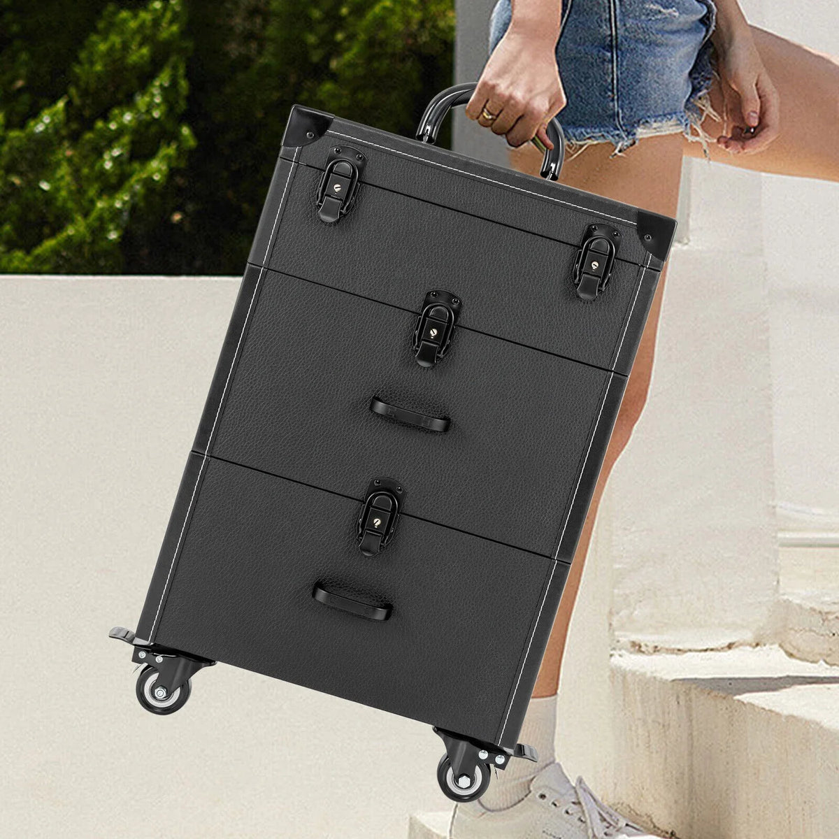 4 ZhdnBhnos Rolling w/ Makeup Trolley Wheels Box Case & Cosmetic Storage Organizer Lock Train Polish (Black) Luggage Nail