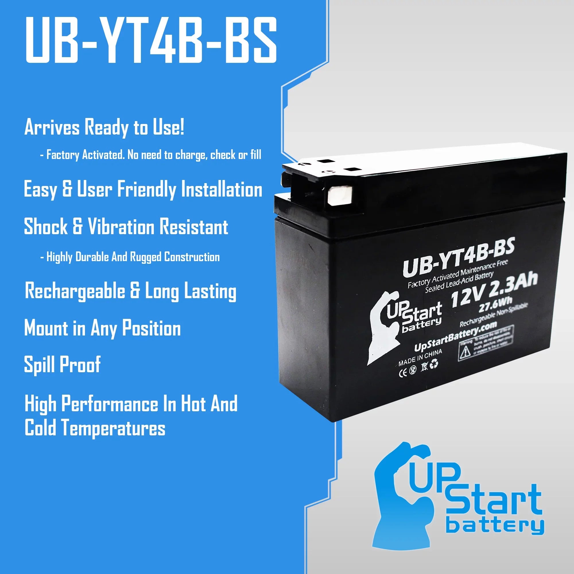 Battery for 400CC Replacement SR400 Battery 5-Pack Factory 2.3Ah, Free, UpStart Motorcycle UB-YT4B-BS - 2001 Yamaha Maintenance 12V, Activated,
