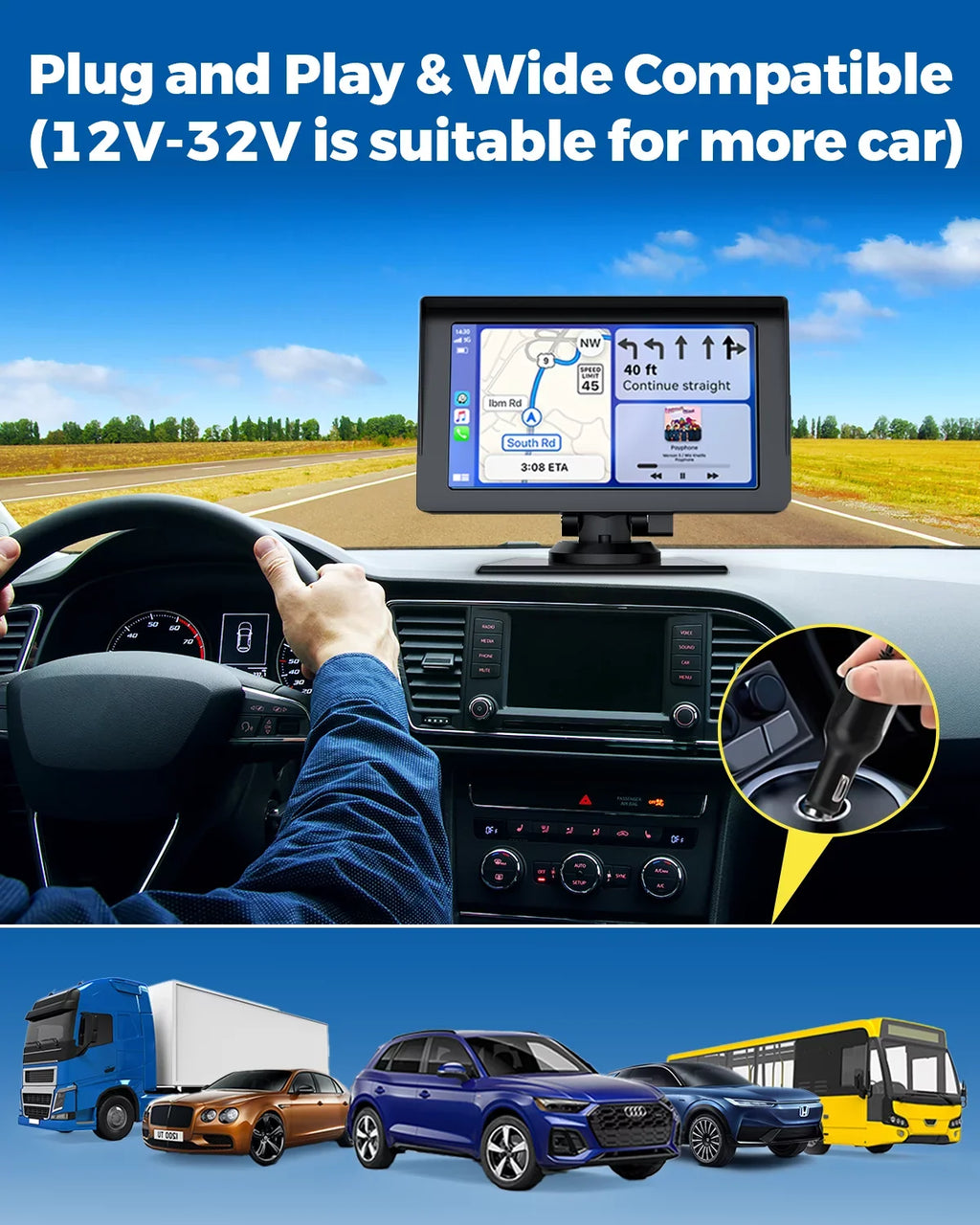 Portable Audio Camera,HD Airplay,Android Car Inch Video,Car GPS with Wireless Reverse Stereo Carplay,1080P Navigation Receivers Portable Auto,Bluetooth,FM, Siri 7 LAMTTO Apple with Car Touchscreen